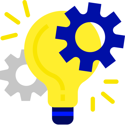 bombilla color amarillo encendida con engranajes gris y azul a los lados