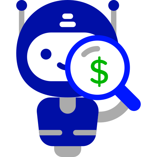 robot color azul soteniendo una lupa con un signo de pesos dentro