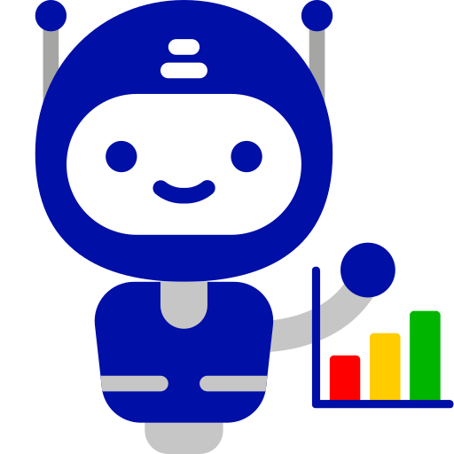 robot color azul sosteniendo documentos con graficas de barras de colores