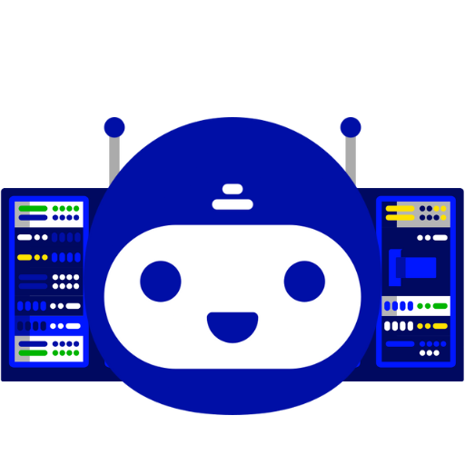 robot color azul con servidores de fondo